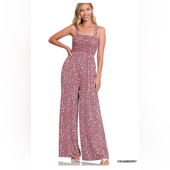 Zenana Outfitters Pants - 244 PINK LEOPARD SMOCKED TOP WIDE LEG JUMPSUIT WITH POCKETS Comfy
